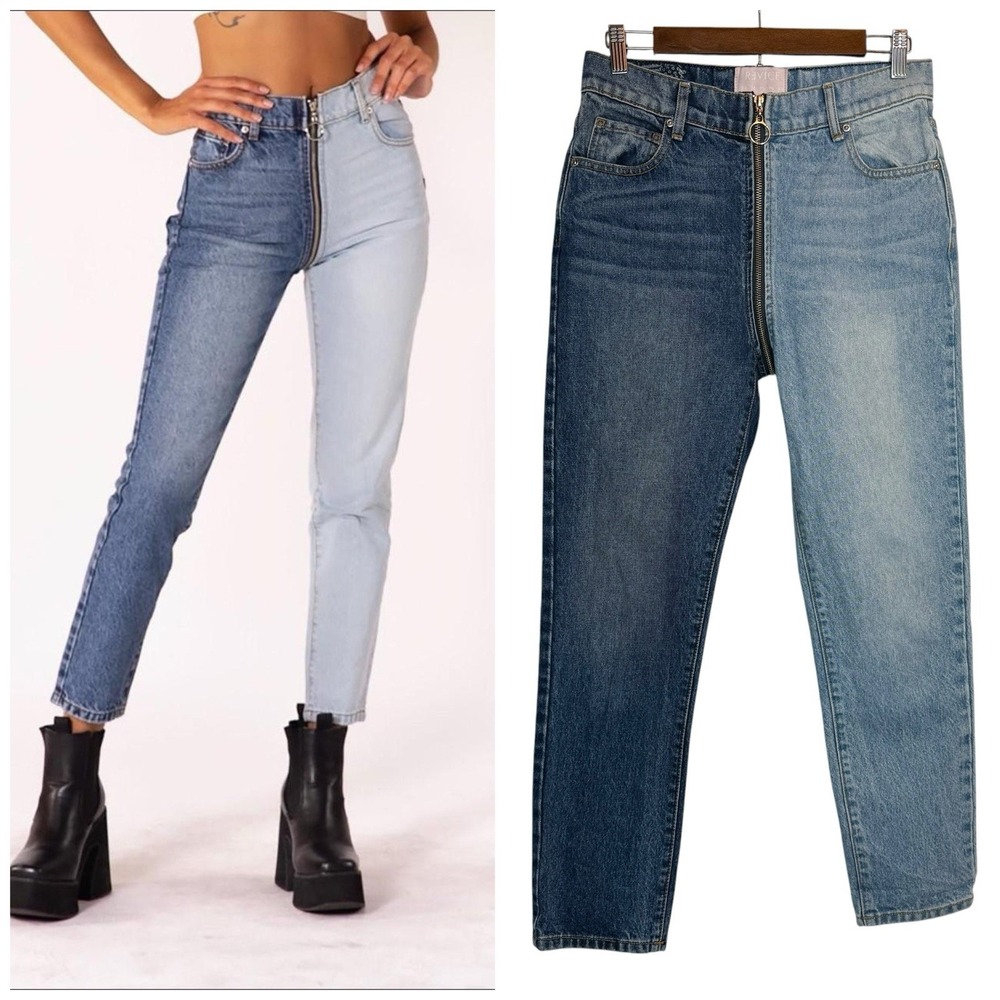 REVICE Denim Yin Yang Two Tone High Rise Straight Leg Jeans Tokyo Wash Size 28